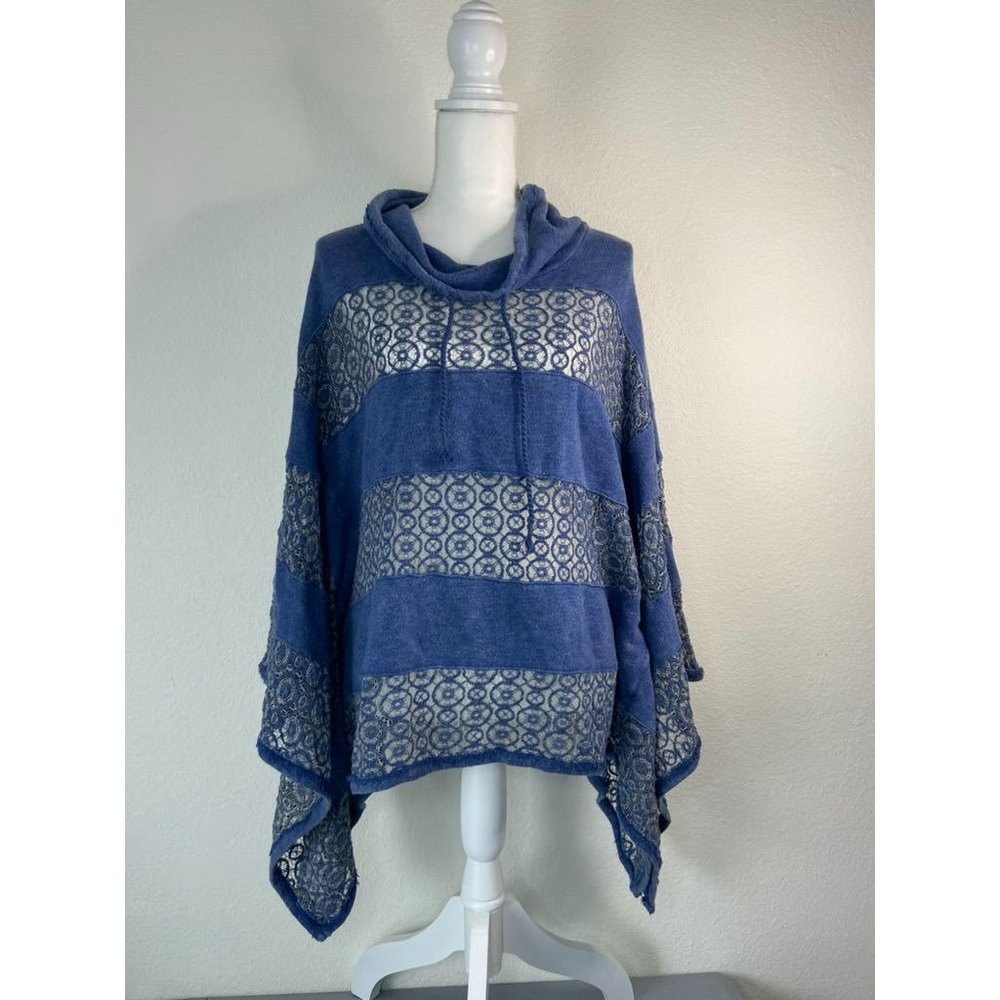 Free People womens XS oversized blue cowl neck poncho pullover lace boho striped